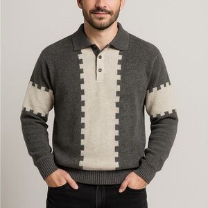 90s Protégé geometric intarsia sweater polo, gray/cream, made in USA,wool alpaca